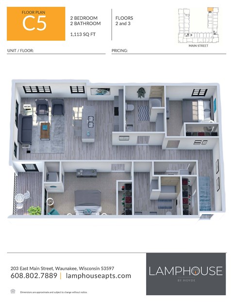 Floor plan for 2 beds, 2 baths, 1113 sqft